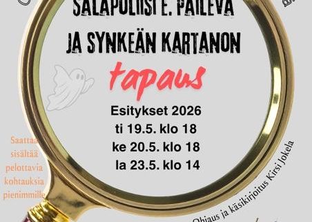 Ohkolan lasten ja nuorten teatteriryhmän Salapoliisi E. Päilevä ja synkeän kartanon tapaus -näytelmän esitysjuliste 2026.