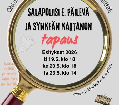 Ohkolan lasten ja nuorten teatteriryhmän Salapoliisi E. Päilevä ja synkeän kartanon tapaus -näytelmän esitysjuliste 2026.